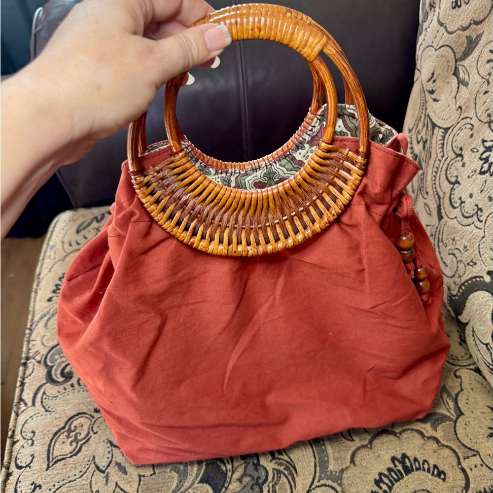 Red and Brown Tote Bag with Slouchy Design and Unique Handle